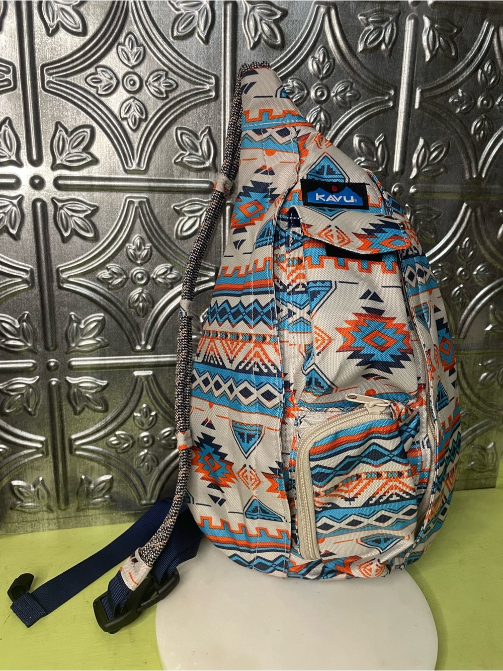 Kavu Aztec Print Rope Sling Bag in Cream, Blue & Orange